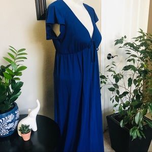 Flutter Sleeve V Neck Blue Maxi Dress Sz Medium